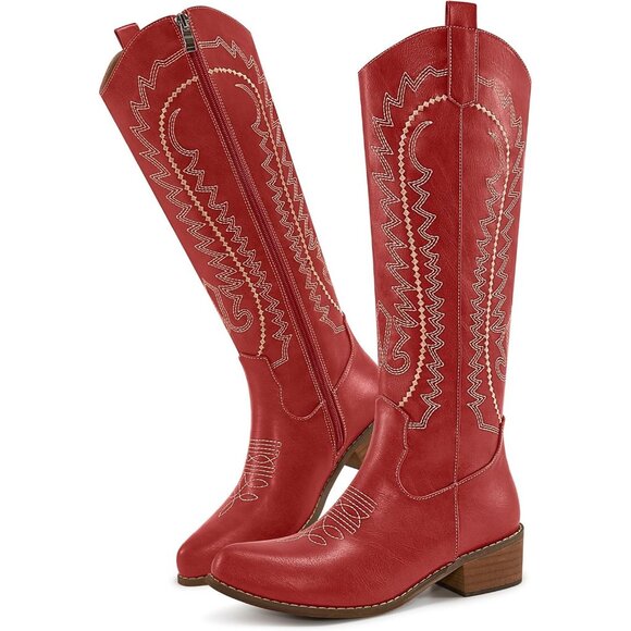 Women's Red Embroidered Knee High Chunky Heel Pointed Zipper Tall Boots - Picture 5 of 7